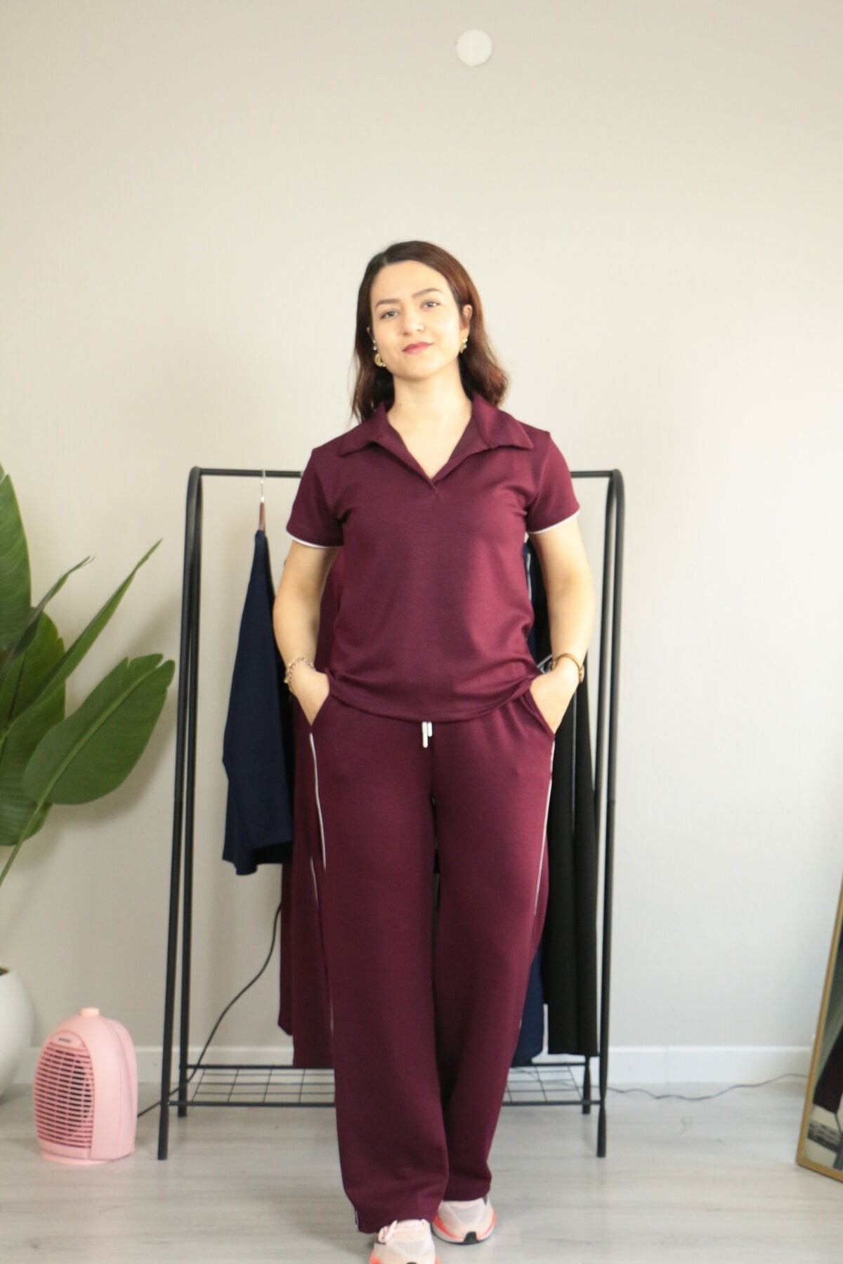 Modal Kumaş Polo Yaka Yanları Biye Detay Alt Üst Kadın Takım XL - bordo