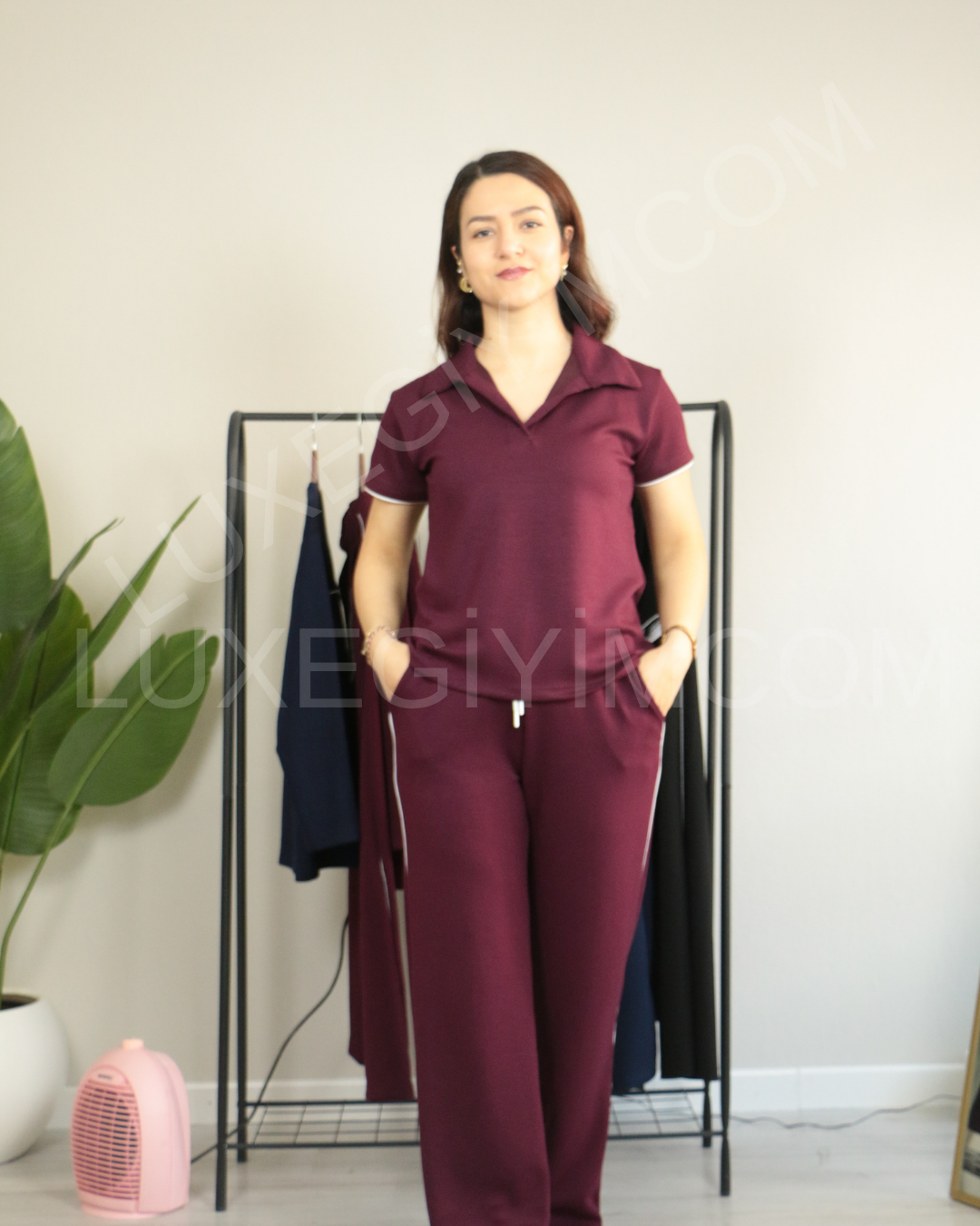 Modal Kumaş Polo Yaka Yanları Biye Detay Alt Üst Kadın Takım XL - bordo