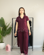 Modal Kumaş Polo Yaka Yanları Biye Detay Alt Üst Kadın Takım XL - bordo