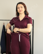 Modal Kumaş Polo Yaka Yanları Biye Detay Alt Üst Kadın Takım XL - bordo
