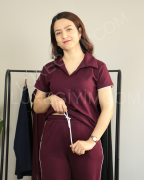 Modal Kumaş Polo Yaka Yanları Biye Detay Alt Üst Kadın Takım XL - bordo