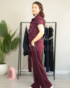 Modal Kumaş Polo Yaka Yanları Biye Detay Alt Üst Kadın Takım XL - bordo