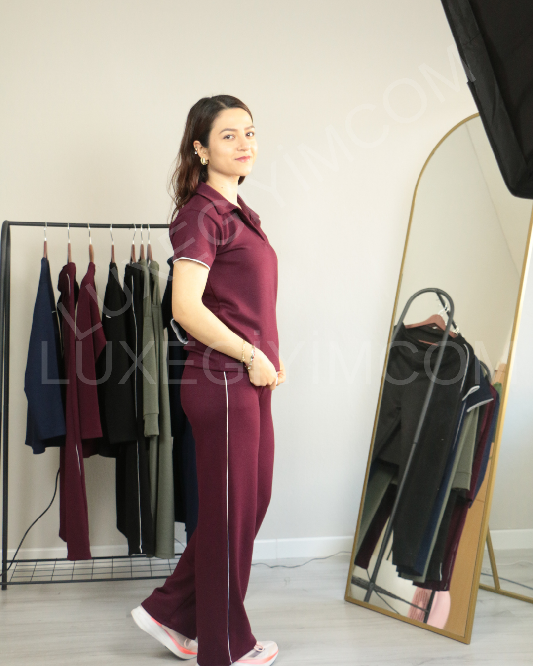 Modal Kumaş Polo Yaka Yanları Biye Detay Alt Üst Kadın Takım XL - bordo