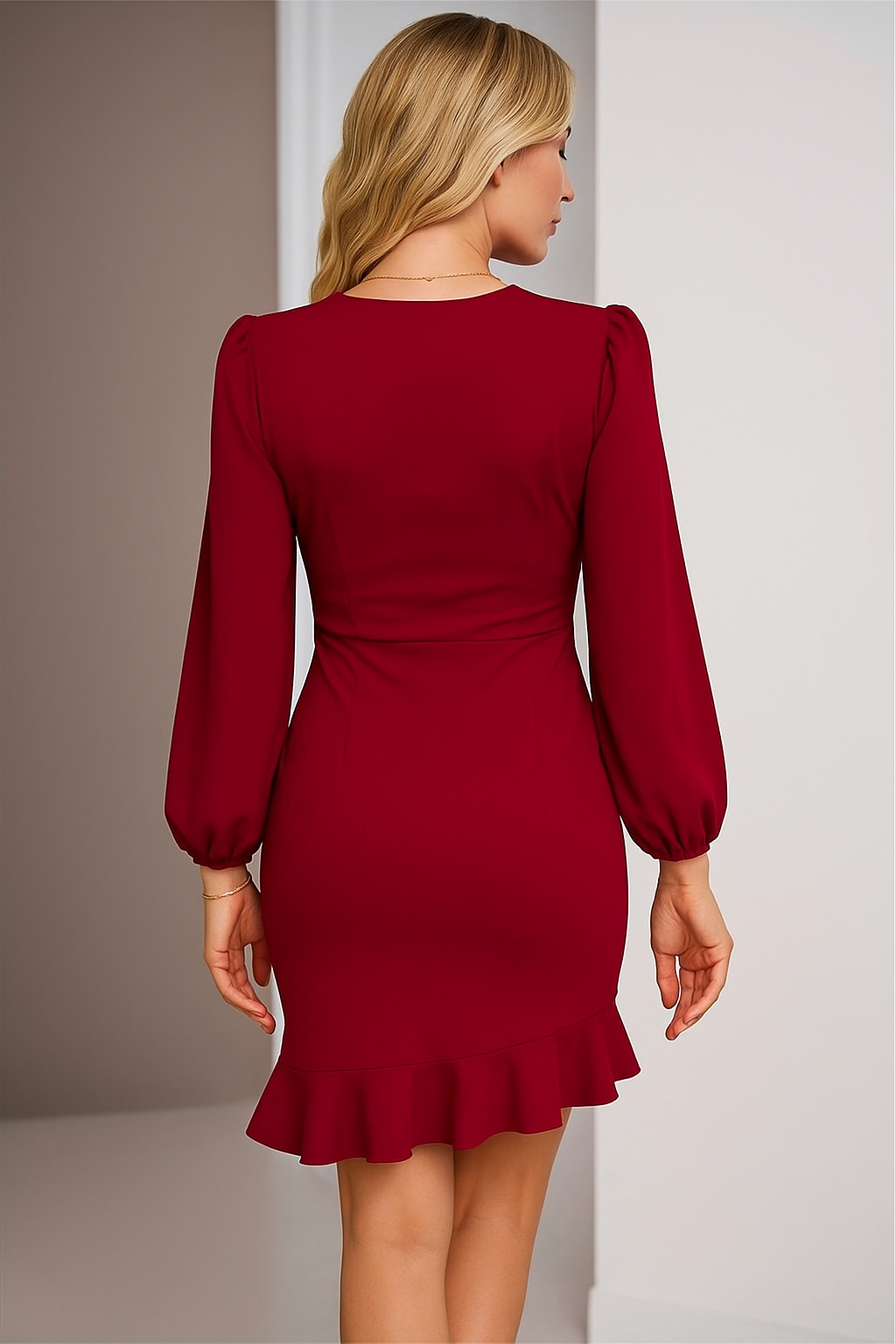 Kadın Uzun Kollu Bisiklet Yaka Önden Volanlı Ithal Krep Siyah Kışlık Elbise 2XL-3XL - kırmızı
