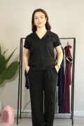 Modal Kumaş Polo Yaka Yanları Biye Detay Alt Üst Kadın Takım XL - siyah
