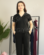 Modal Kumaş Polo Yaka Yanları Biye Detay Alt Üst Kadın Takım XL - siyah