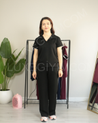 Modal Kumaş Polo Yaka Yanları Biye Detay Alt Üst Kadın Takım XL - siyah