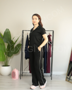 Modal Kumaş Polo Yaka Yanları Biye Detay Alt Üst Kadın Takım XL - siyah