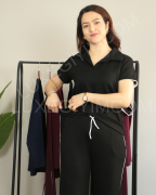 Modal Kumaş Polo Yaka Yanları Biye Detay Alt Üst Kadın Takım XL - siyah