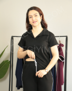 Modal Kumaş Polo Yaka Yanları Biye Detay Alt Üst Kadın Takım XL - siyah