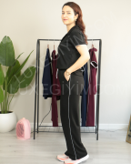 Modal Kumaş Polo Yaka Yanları Biye Detay Alt Üst Kadın Takım XL - siyah