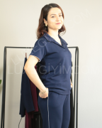 Modal Kumaş Polo Yaka Yanları Biye Detay Alt Üst Kadın Takım XL - lacivert