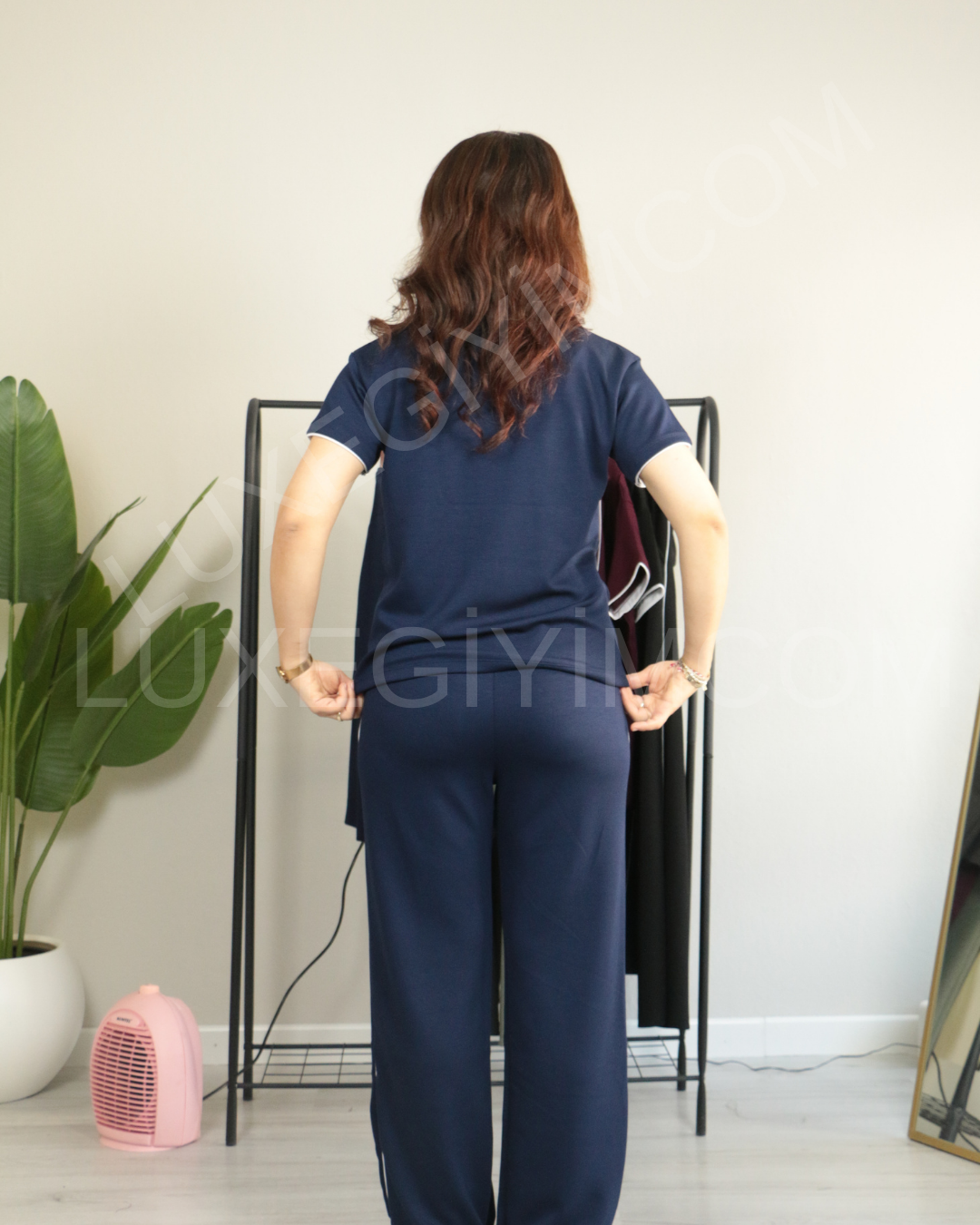 Modal Kumaş Polo Yaka Yanları Biye Detay Alt Üst Kadın Takım XL - lacivert