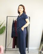 Modal Kumaş Polo Yaka Yanları Biye Detay Alt Üst Kadın Takım XL - lacivert