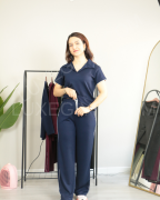 Modal Kumaş Polo Yaka Yanları Biye Detay Alt Üst Kadın Takım XL - lacivert