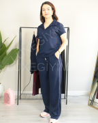 Modal Kumaş Polo Yaka Yanları Biye Detay Alt Üst Kadın Takım XL - lacivert