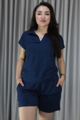 Polo Yaka Pike Kumaş Şortlu Yazlık Takım L - lacivert