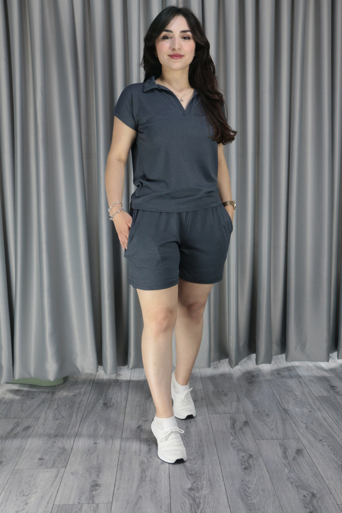 Polo Yaka Pike Kumaş Şortlu Yazlık Takım M - füme