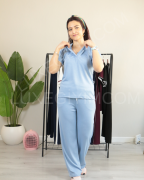 Modal Kumaş Polo Yaka Yanları Biye Detay Alt Üst Kadın Takım S - buz mavisi