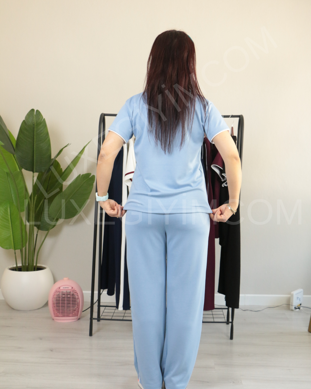 Modal Kumaş Polo Yaka Yanları Biye Detay Alt Üst Kadın Takım S - buz mavisi