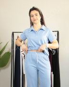 Modal Kumaş Polo Yaka Yanları Biye Detay Alt Üst Kadın Takım S - buz mavisi