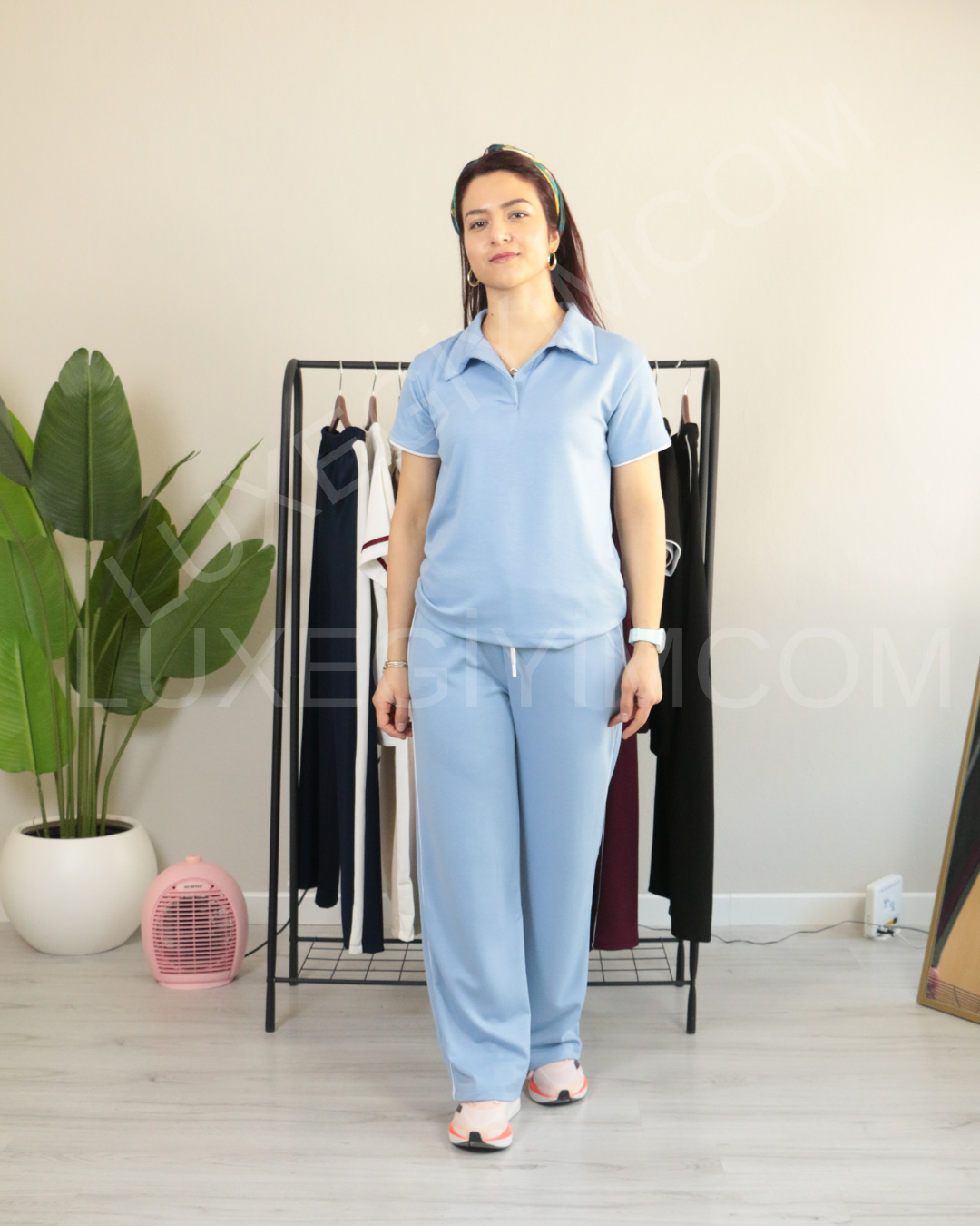 Modal Kumaş Polo Yaka Yanları Biye Detay Alt Üst Kadın Takım XL - buz mavisi