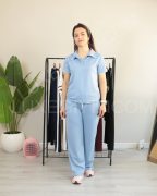 Modal Kumaş Polo Yaka Yanları Biye Detay Alt Üst Kadın Takım XL - buz mavisi