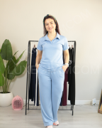 Modal Kumaş Polo Yaka Yanları Biye Detay Alt Üst Kadın Takım XL - buz mavisi