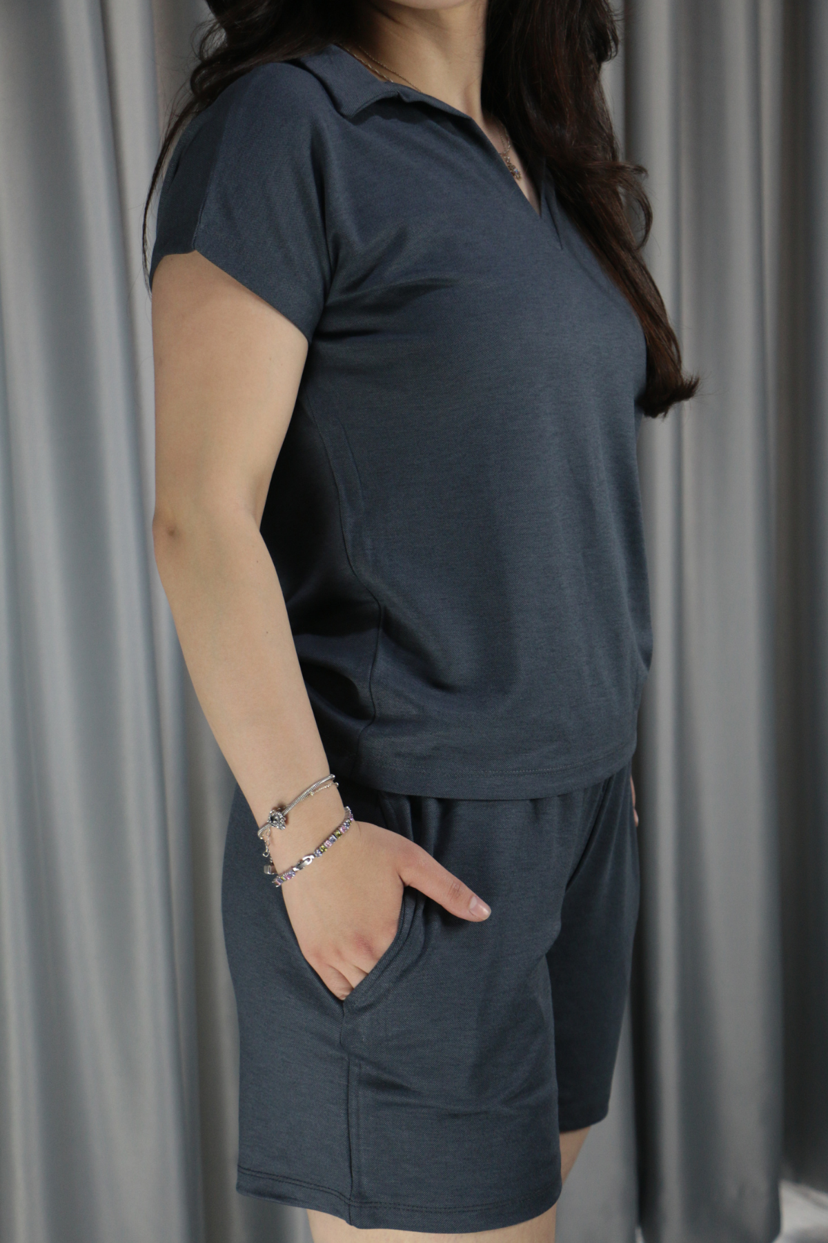 Polo Yaka Pike Kumaş Şortlu Yazlık Takım S - füme