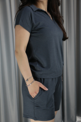 Polo Yaka Pike Kumaş Şortlu Yazlık Takım S - füme