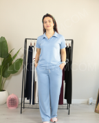 Modal Kumaş Polo Yaka Yanları Biye Detay Alt Üst Kadın Takım XL - buz mavisi