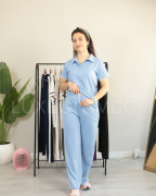 Modal Kumaş Polo Yaka Yanları Biye Detay Alt Üst Kadın Takım XL - buz mavisi