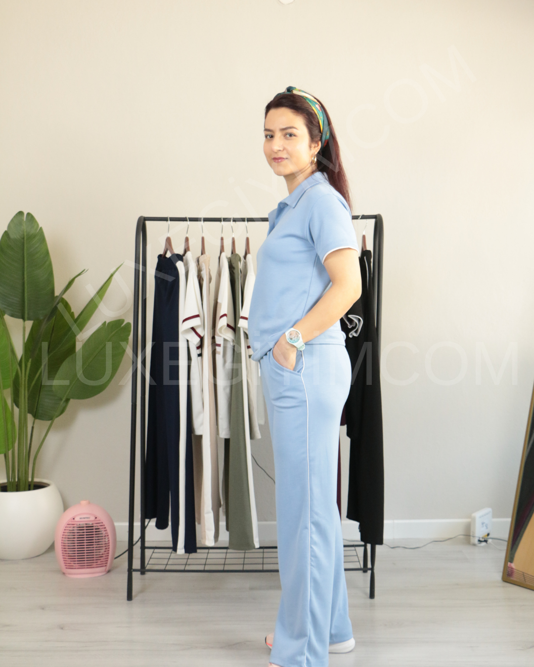 Modal Kumaş Polo Yaka Yanları Biye Detay Alt Üst Kadın Takım XL - buz mavisi