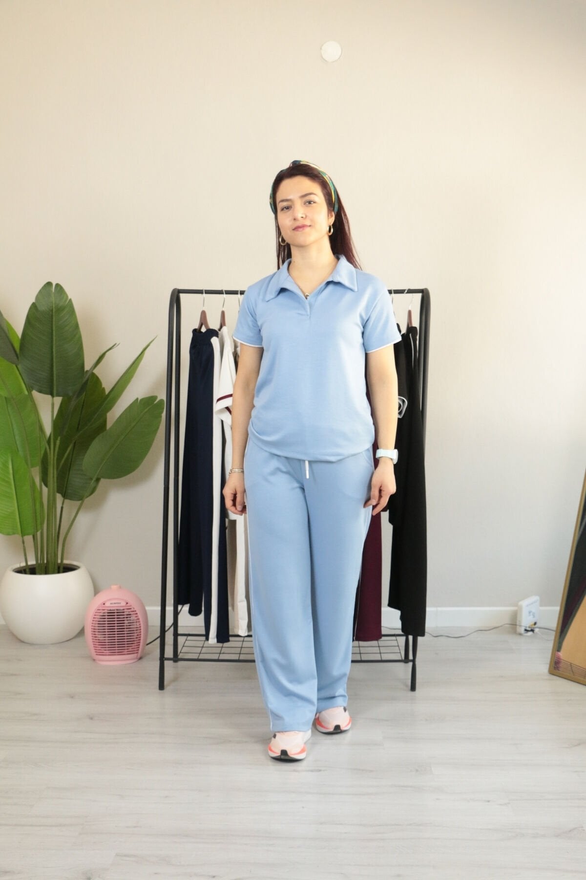 Modal Kumaş Polo Yaka Yanları Biye Detay Alt Üst Kadın Takım XL - buz mavisi