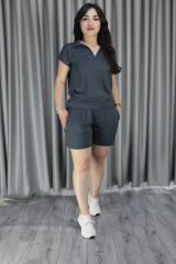Polo Yaka Pike Kumaş Şortlu Yazlık Takım XL - füme