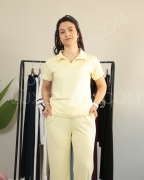 Modal Kumaş Polo Yaka Yanları Biye Detay Alt Üst Kadın Takım XL - Civciv Sarı