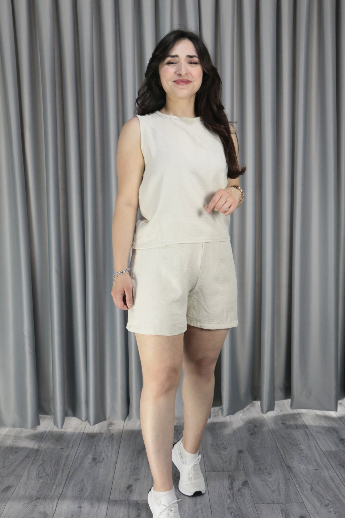 Kadın Keten Şortlu Siyah Yazlık Takım S - bej