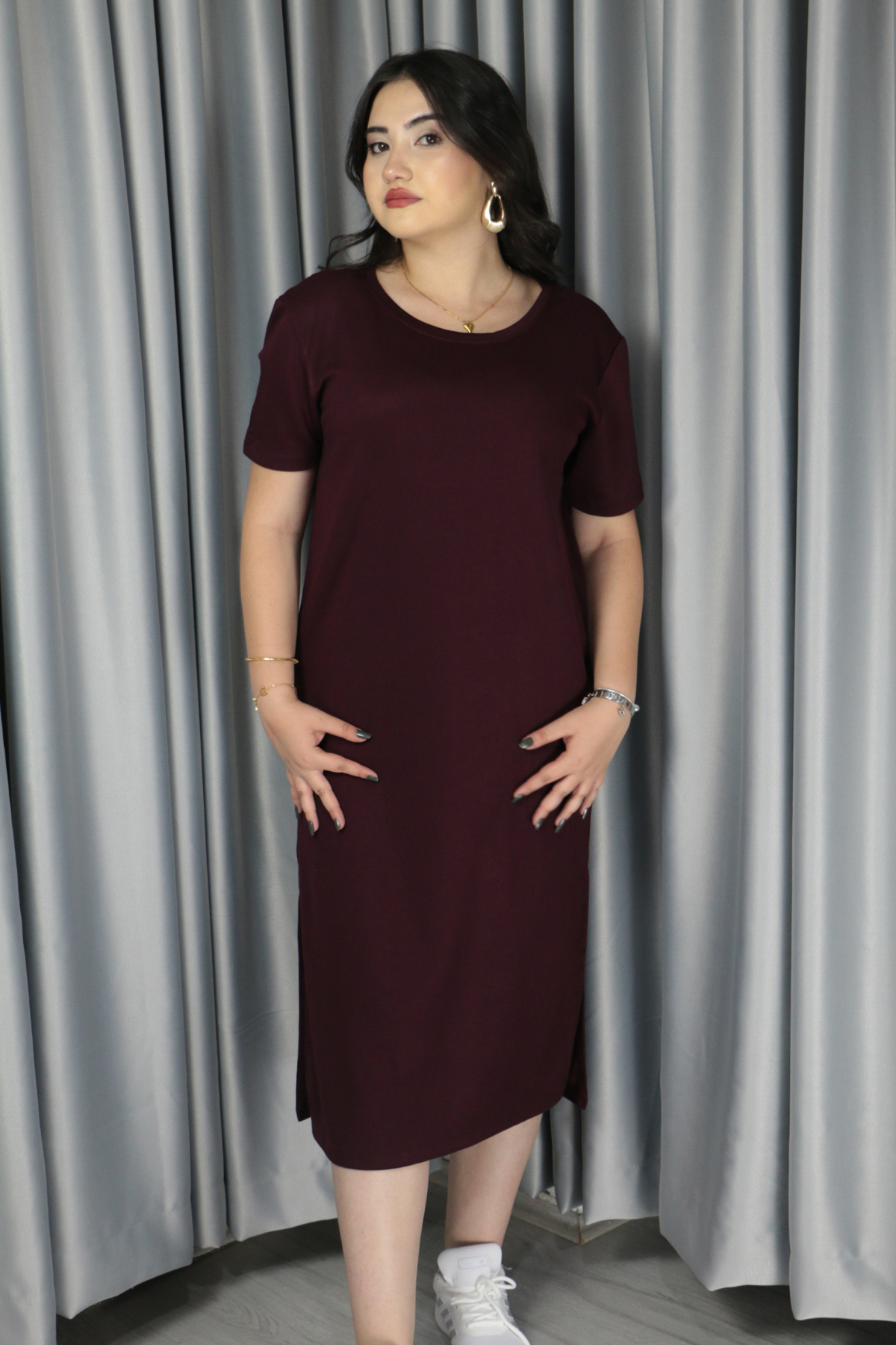 Kadın Modal Kumaş Yırtmaç Detaylı Elbise L - bordo