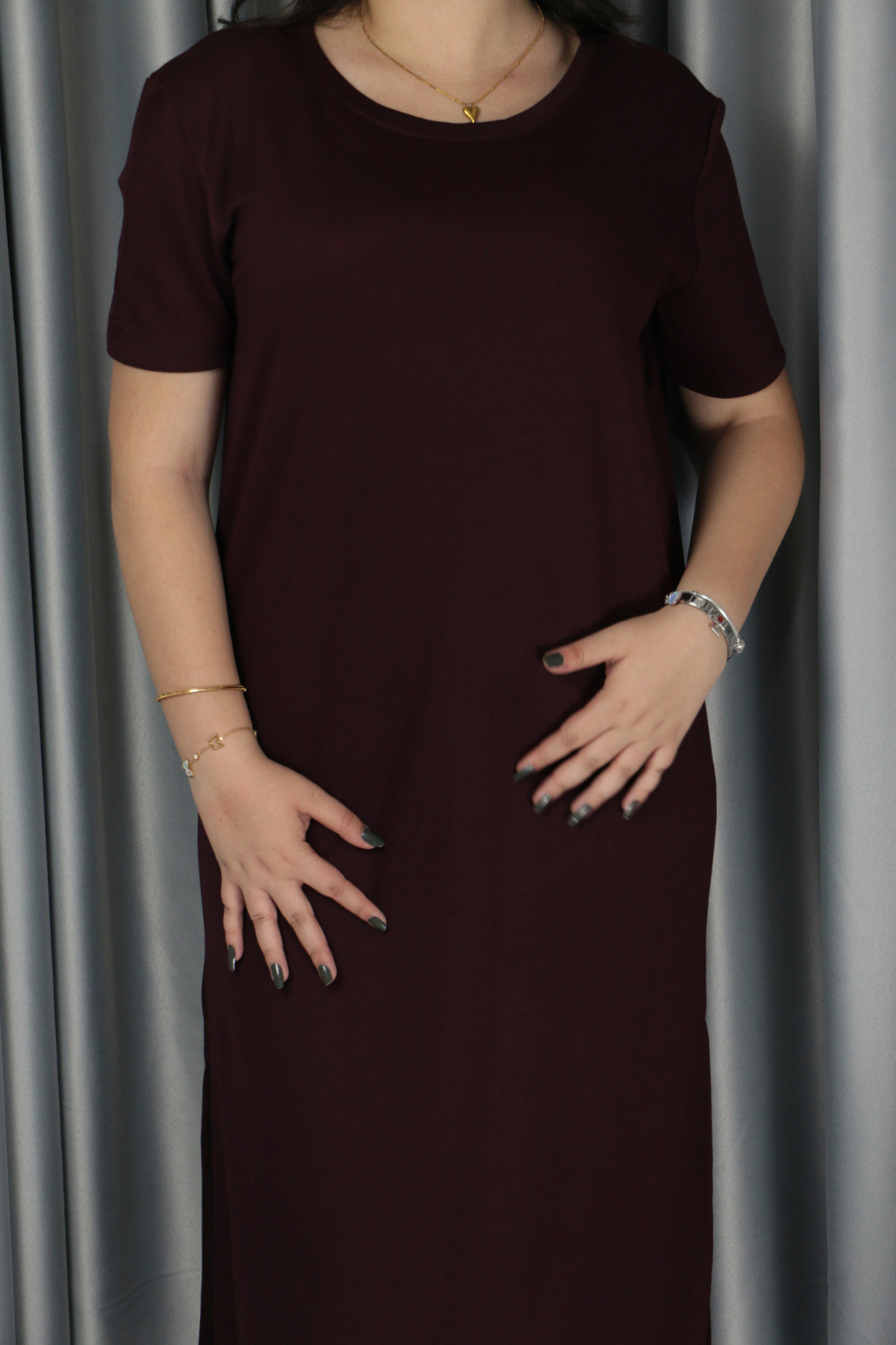 Kadın Modal Kumaş Yırtmaç Detaylı Elbise L - bordo