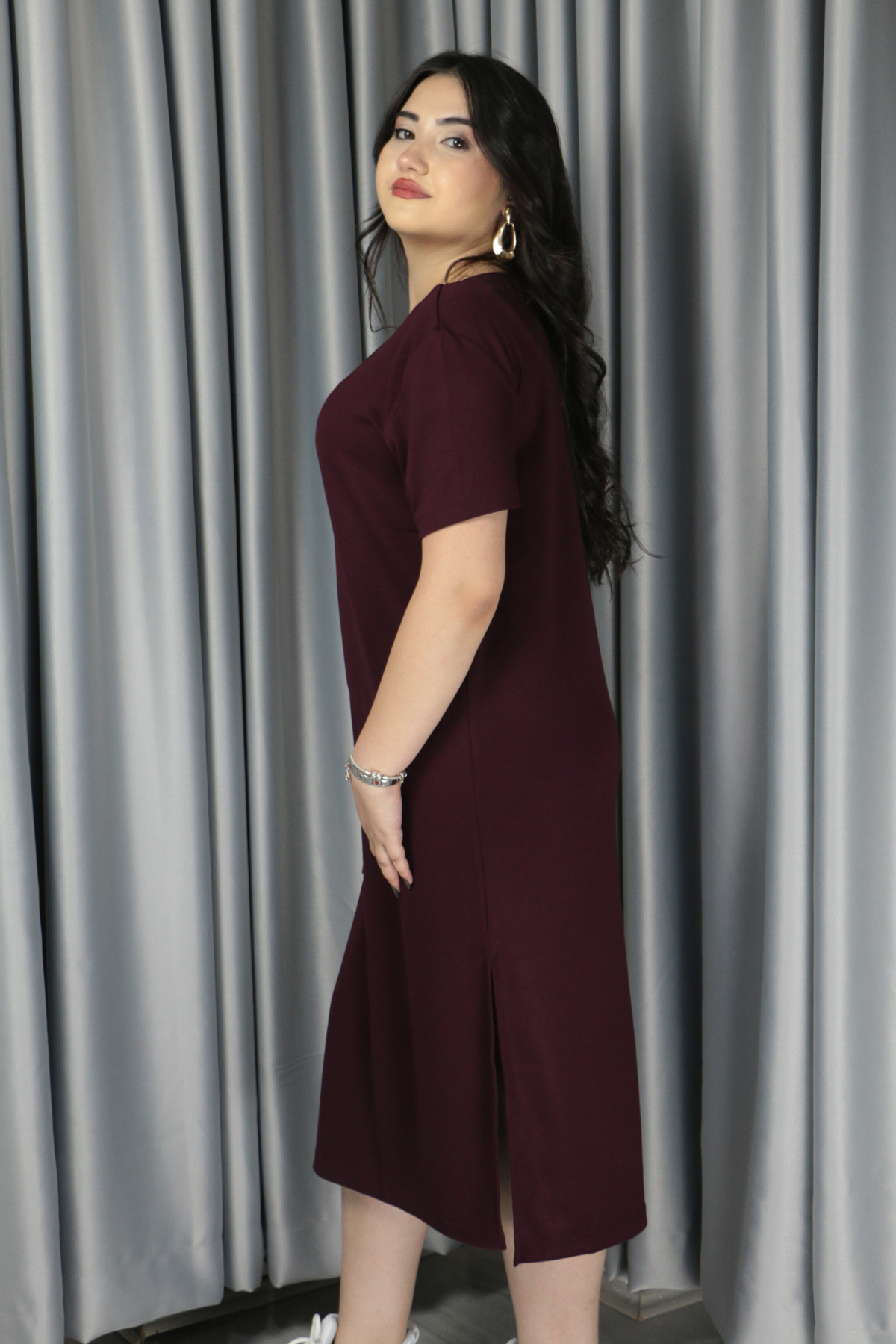 Kadın Modal Kumaş Yırtmaç Detaylı Elbise L - bordo