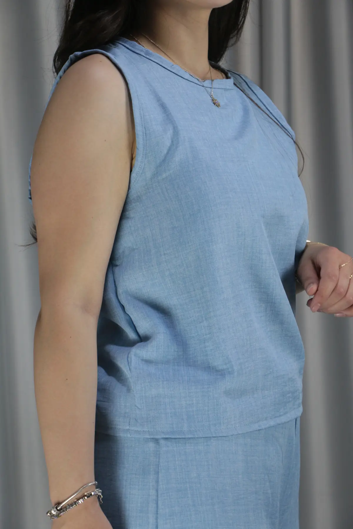 Kadın Keten Şortlu Siyah Yazlık Takım L - buz mavisi