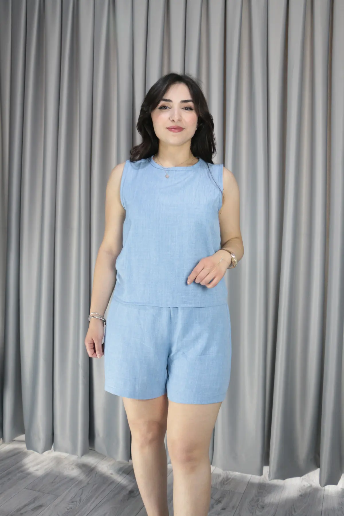 Kadın Keten Şortlu Siyah Yazlık Takım L - buz mavisi