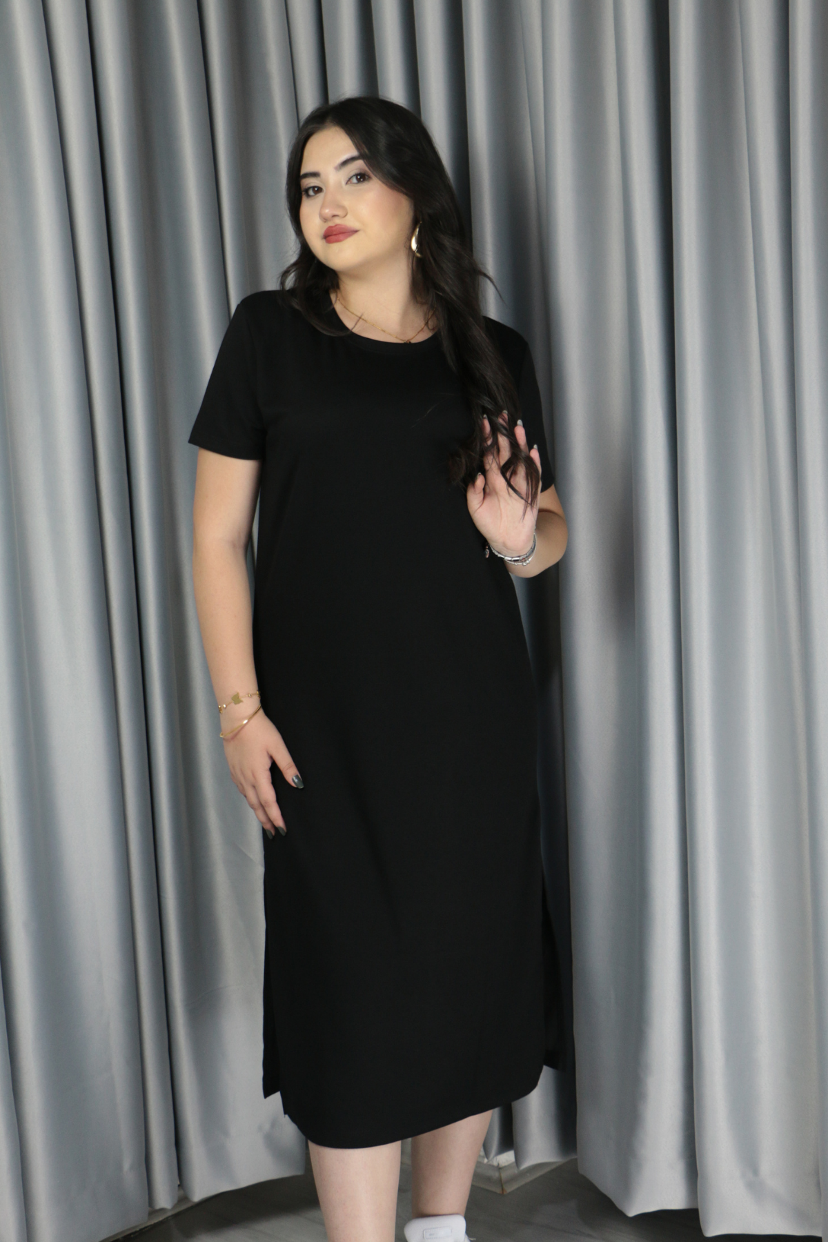 Kadın Modal Kumaş Yırtmaç Detaylı Elbise S - siyah