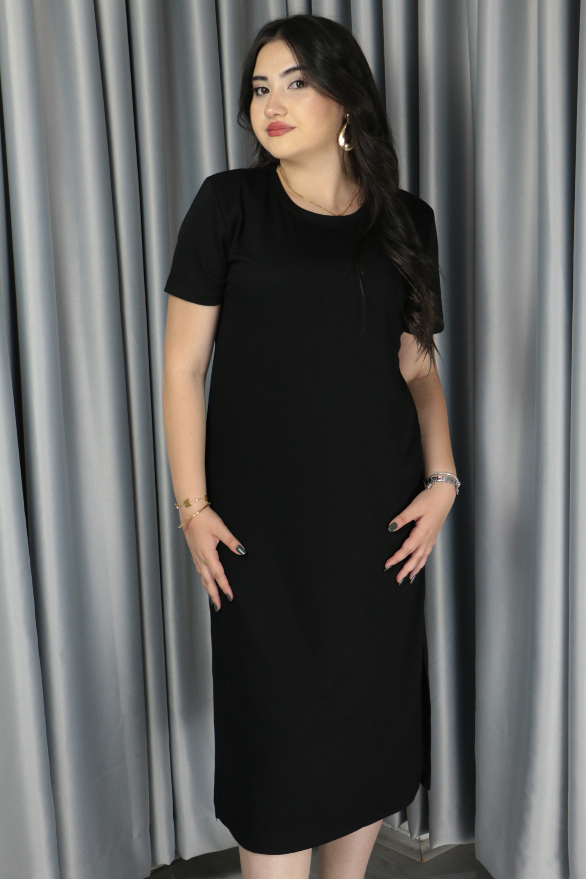 Kadın Modal Kumaş Yırtmaç Detaylı Elbise S - siyah