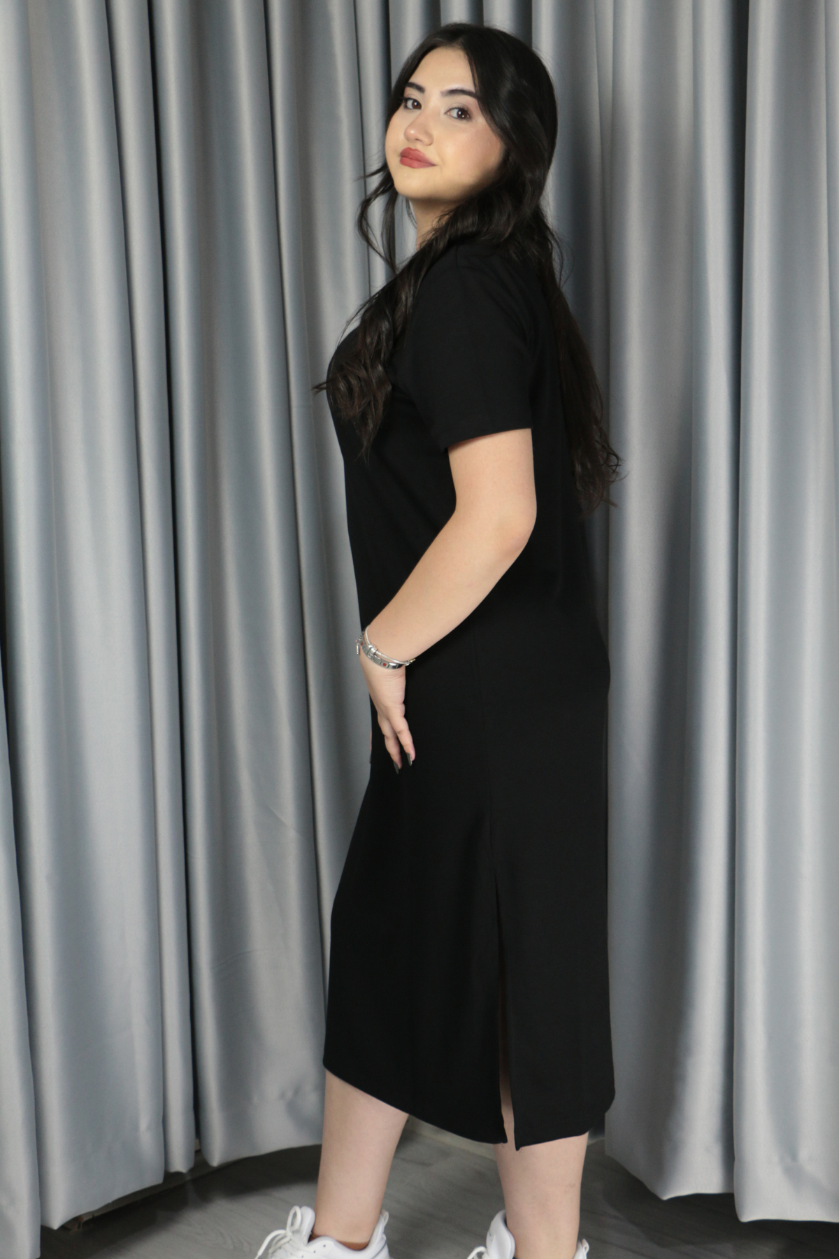 Kadın Modal Kumaş Yırtmaç Detaylı Elbise S - siyah