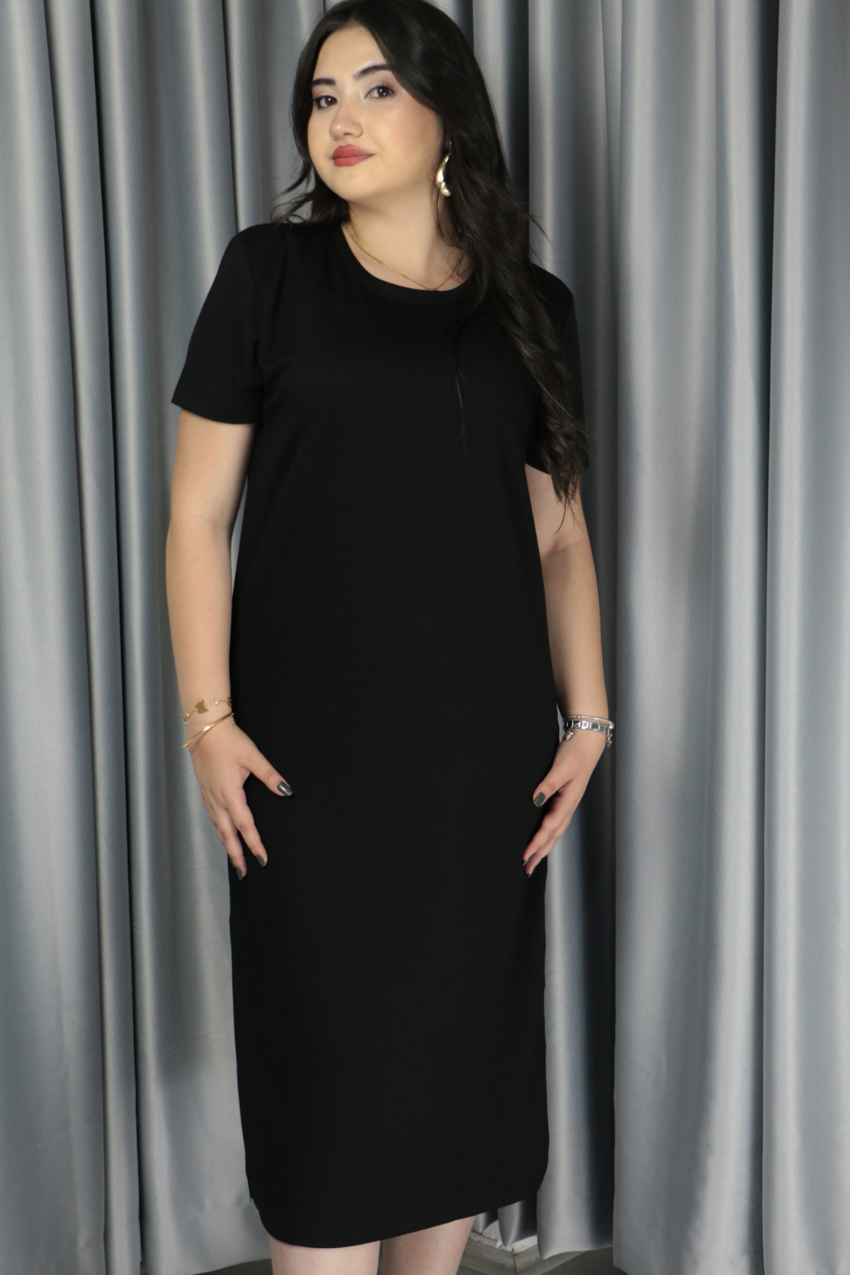 Kadın Modal Kumaş Yırtmaç Detaylı Elbise S - siyah