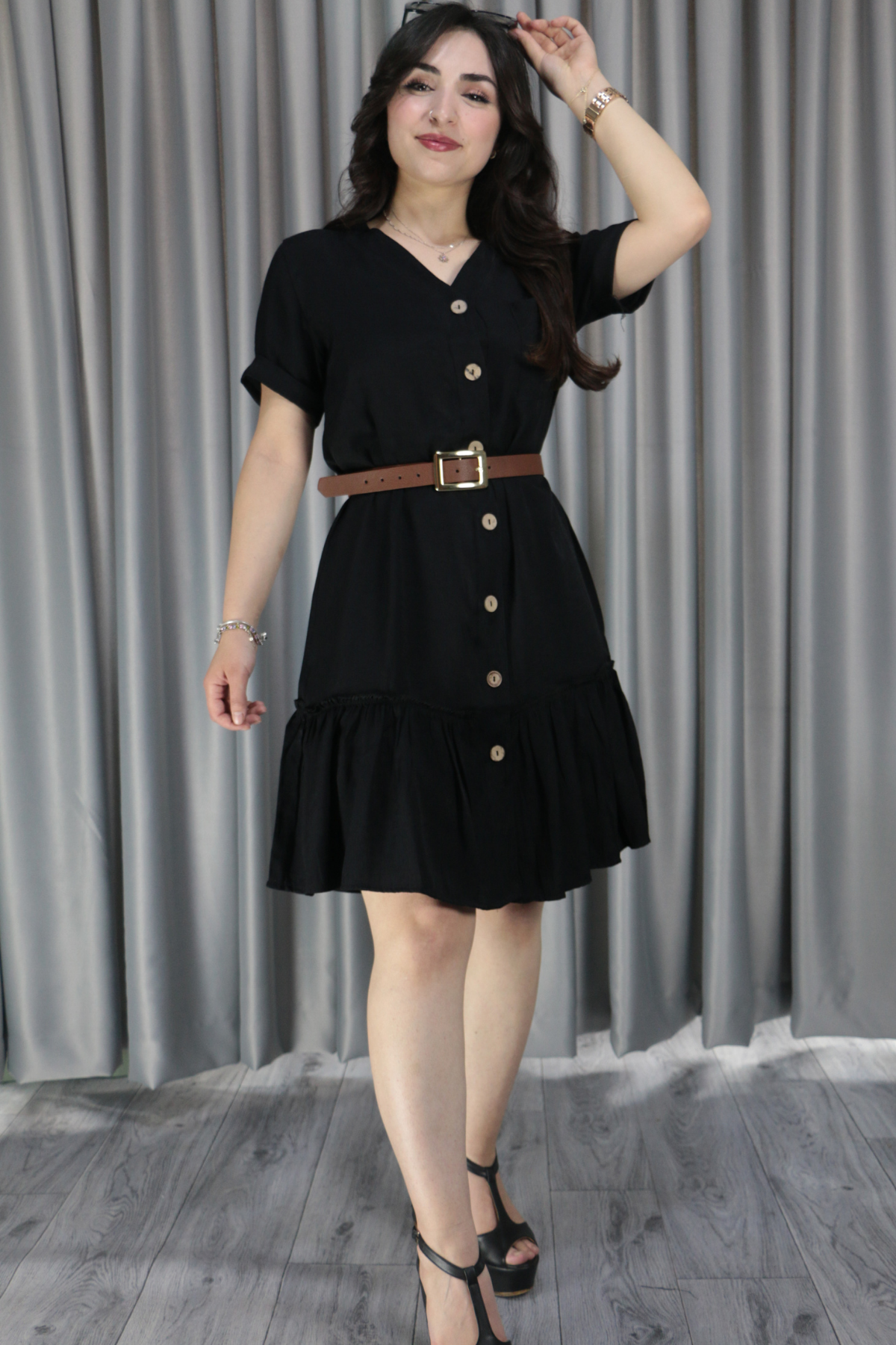 Kadın Keten Cep Detay Düğmeli Pileli Elbise S-M - siyah