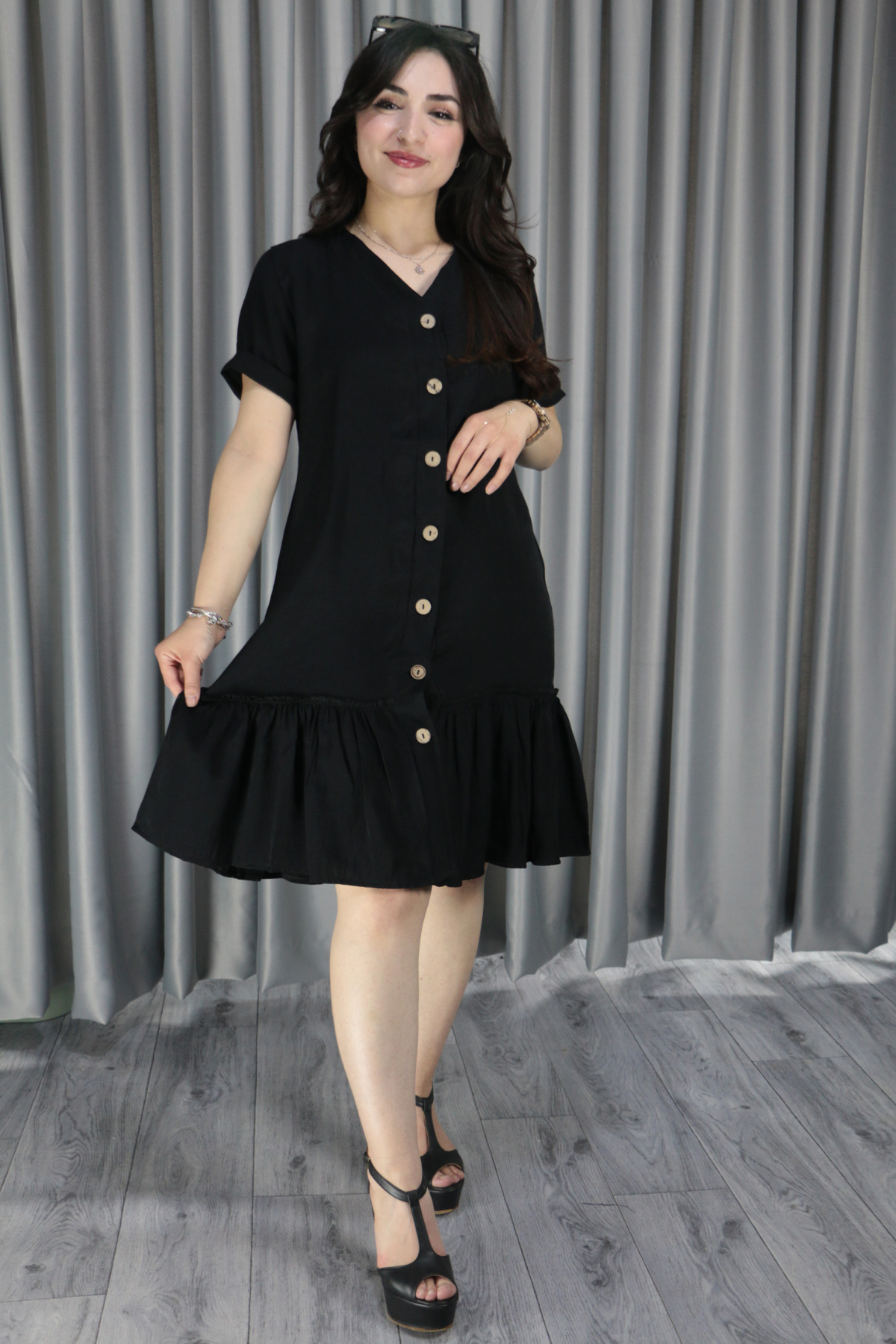 Kadın Keten Cep Detay Düğmeli Pileli Elbise S-M - siyah