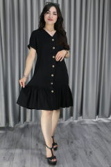 Kadın Keten Cep Detay Düğmeli Pileli Elbise S-M - siyah