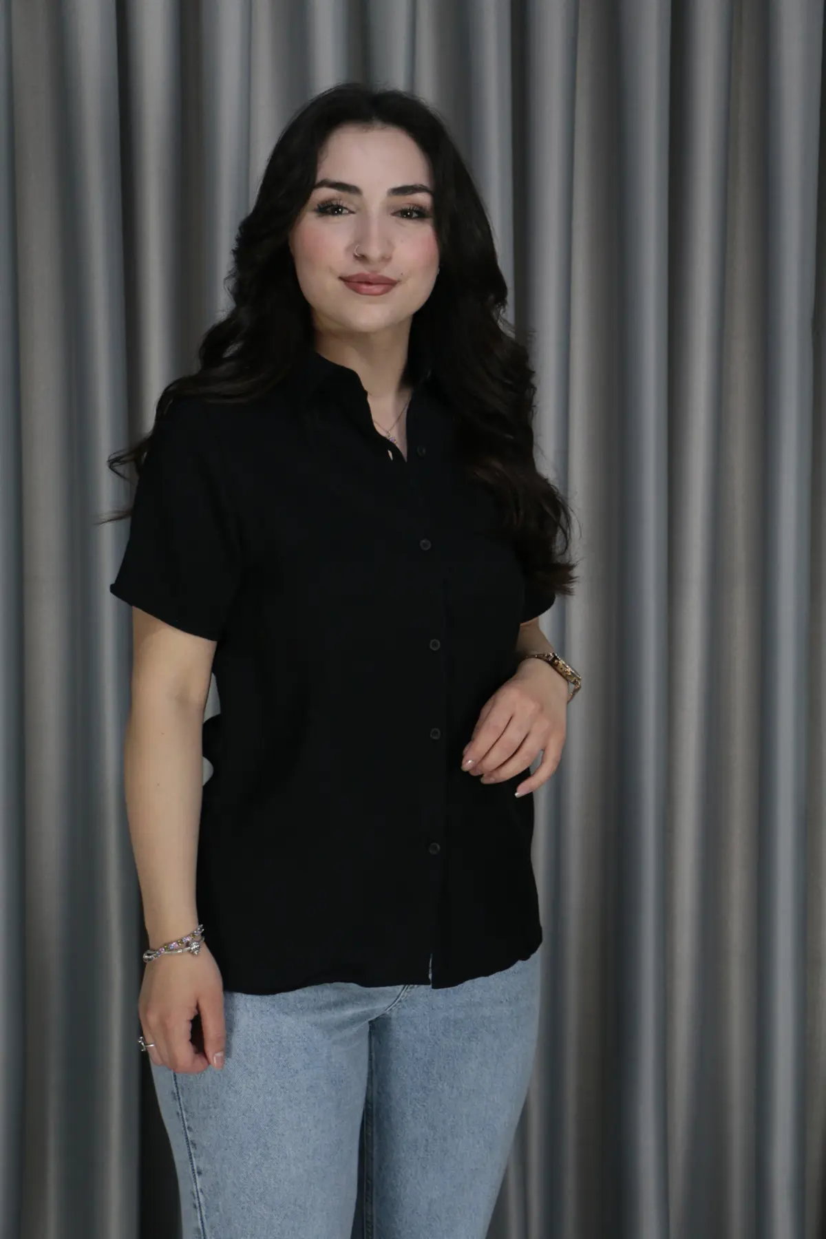 Kadın Kısa Kol Basic Pembe Keten Gömlek L-XL - siyah